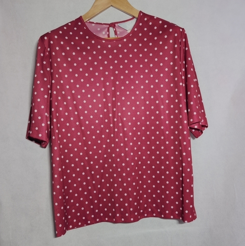 Vintage 80s Blair Pink Red Polka Dot Short Sleeve Top